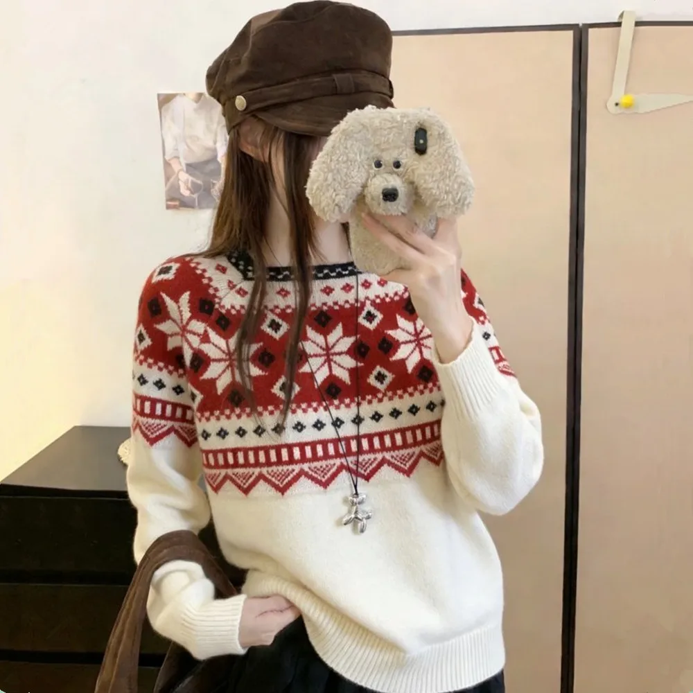 

Женский свитер оверсайз с узором Fair Isle, утепленный, для осени и зимы, базовый топ, красный цвет