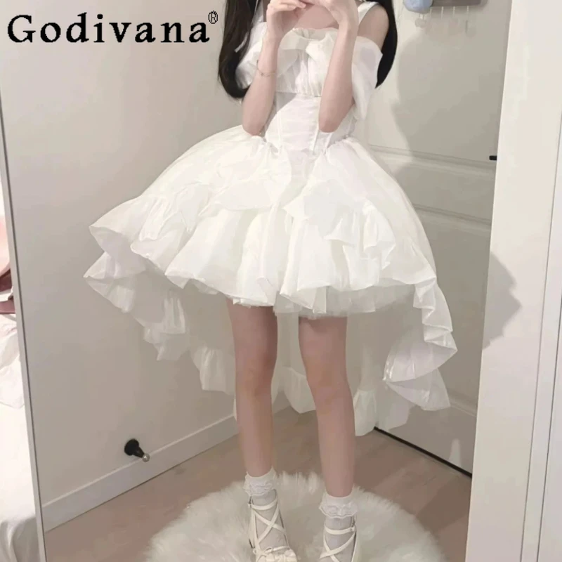 

Sweet Bow Temperament White Slash Neck Birthday Cake Princess Dress Elegant Versatile High Waist Fashion A-line Trailing Dresses