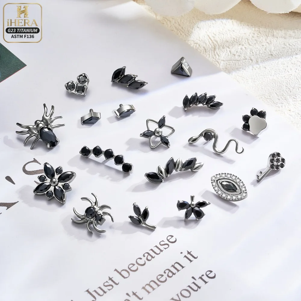 G23 Titanium Piercing Jewelry Set Dark Gem Spider Snake Leaf Paw Top Stud Flat Back Cartilage Helix Tragus Conch Labret Ring Lot
