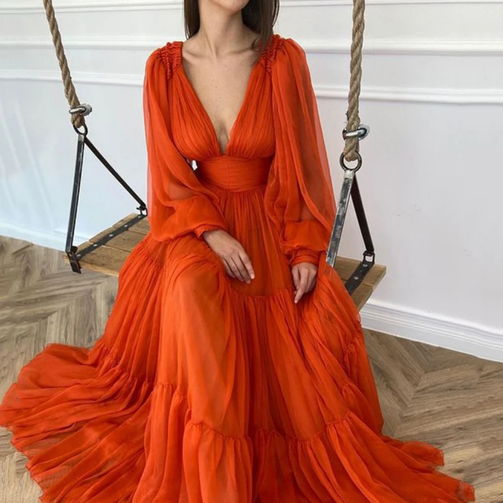 Simple Prom Dress For Women V-Neck Beach Evening Gowns Illusion Lantern Sleeves Floor Length Party Dresses فساتين الحفلات