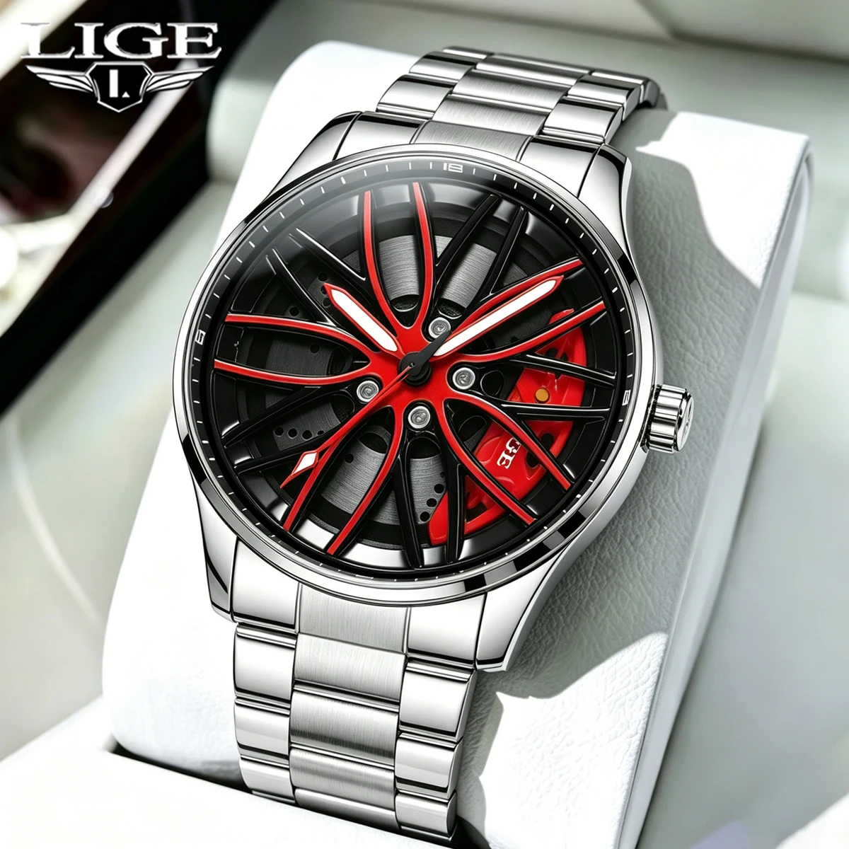 

LIGE Fashion Men Sports Watches 3d Car Wheel Stainless Steel Band Wrist Watch Men's Quartz Watch Men's Watches Box