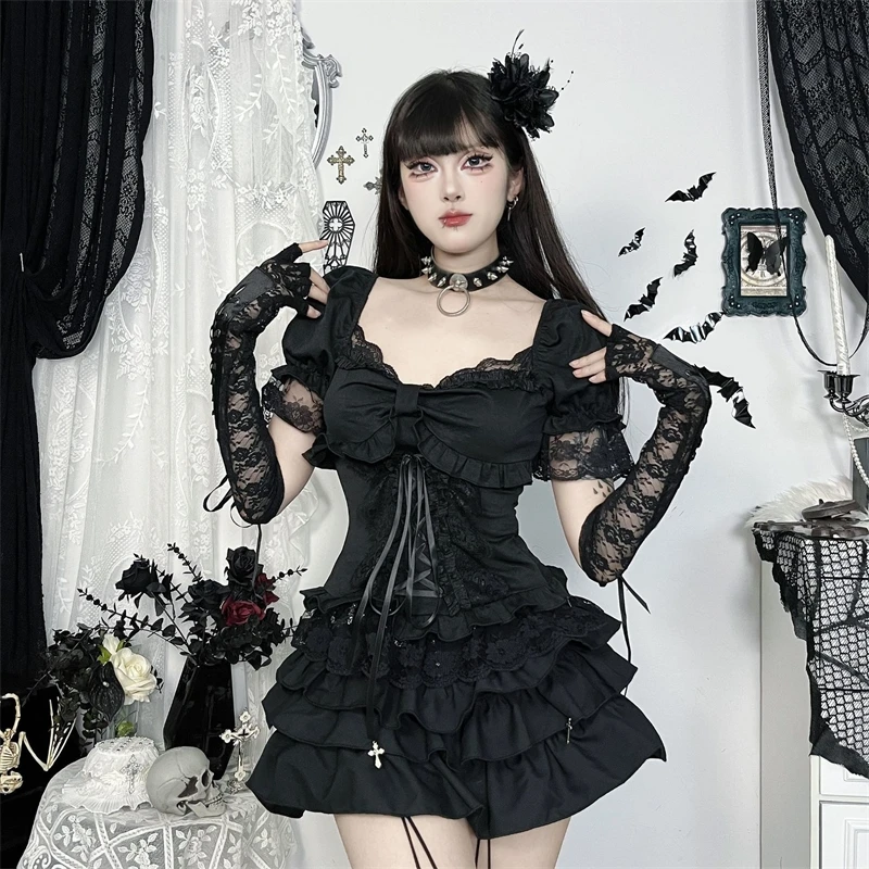 Goth Dark E-สาวลูกไม้ Patchwork เสื้อยืดแขนสั้น Kawaii Bow BANDAGE Tops Mall Gothic Techwear ผู้หญิง Slim Alt เสื้อยืด
