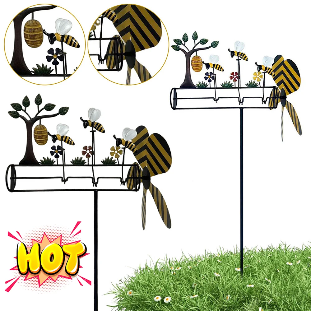 

Lovely Bee Whirligig Wind Spinner 3D Wind Powered Kinetic Sculpture Lawn Metal Wind Solar Spinners Yard and Garden Decoration