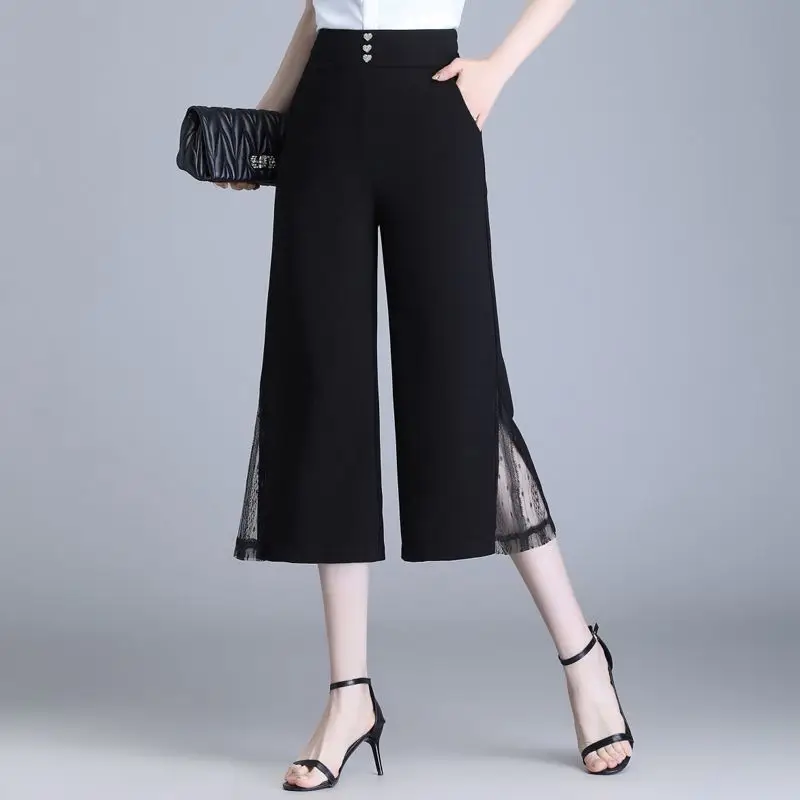 Summer Women's 2024 Pants High Waisted Slim and Loose Fitting Chiffon High Waisted Lace Patchwork Wide Leg Cropped Pants  Z434