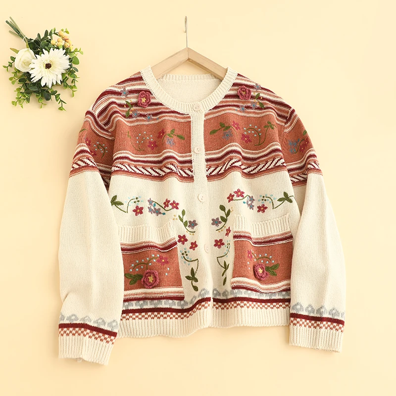 Autumn New Sweet Mori Style Embroidered Knitted Sweater Women Long Sleeve Single Breasted Sweater D226