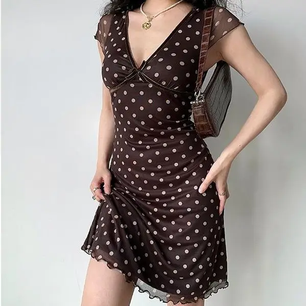 

Europe and The United States Wind V-neck Polka Dot Printed Short-sleeved Mesh Dress Female Slim Waisted Hot Girl Short Dress