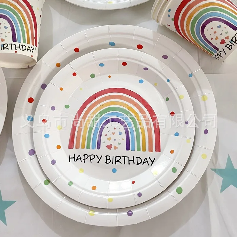10 Stück Regenbogen Einweggeschirr Happy Birthday Teller Pappbecher Servietten Regenbogen Kindergeburtstag Party-Zubehör – Detail 4