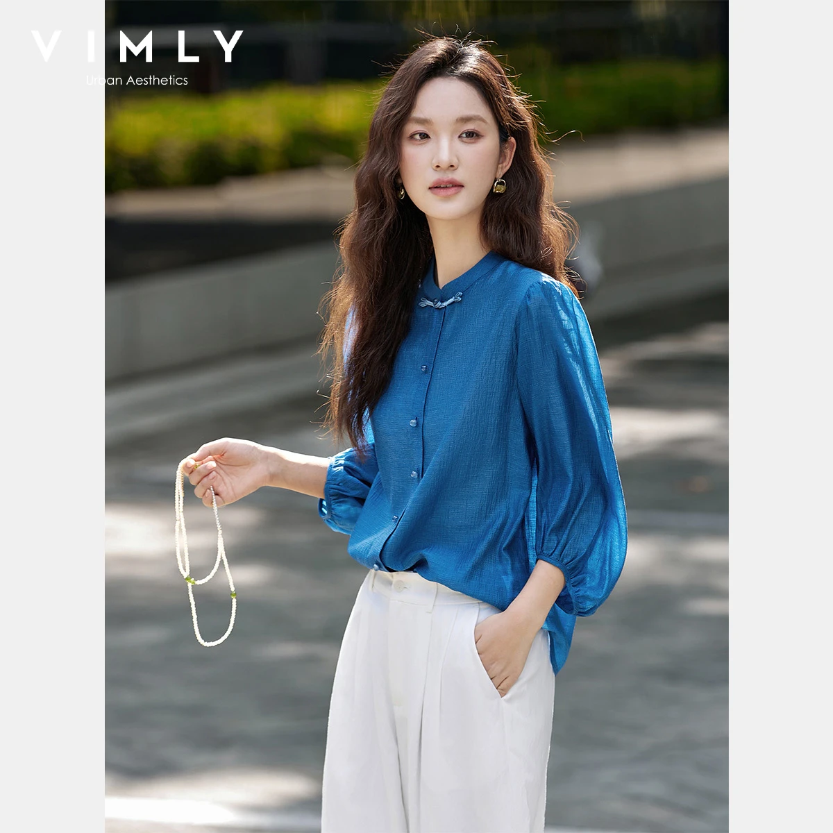 VIMLY Shirt Women Elegant Chinese Style 2025 Autumn New Lantern Sleeve Blouse for Woman Casual Chiffion Button Female Tops A3002