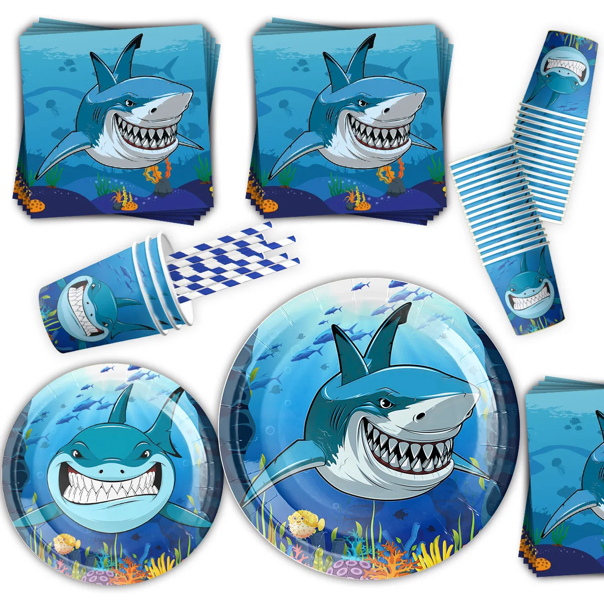 Marine Animal Themed Shark Pattern Disposable Tableware Plates Cups Napkins Kids Ocean Birthday Party Baby Shower Decor Supplies