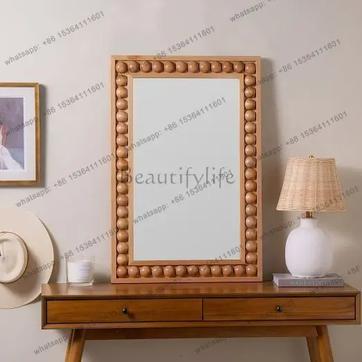 European retro makeup mirror round bead frame wall-mounted mirror entrance decoration