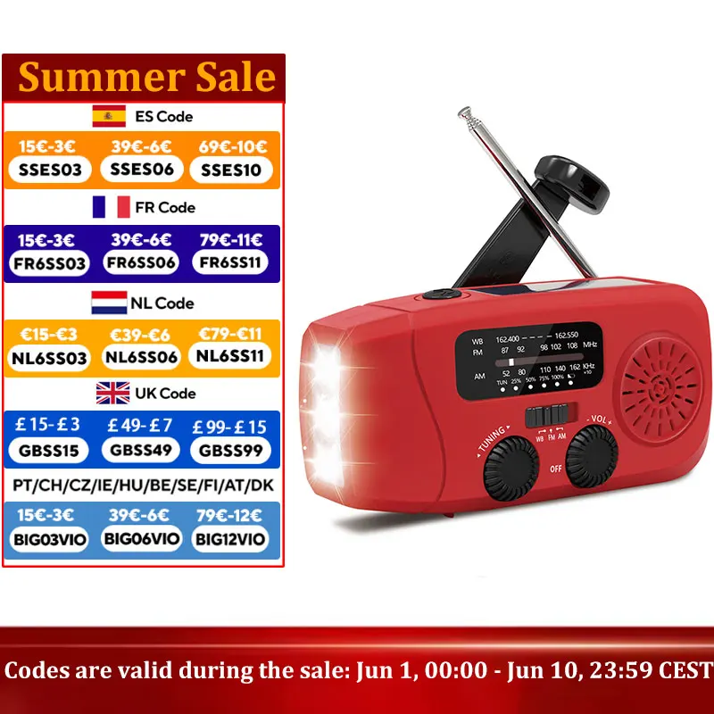 Radio solaire de survie à manivelle, charge TYPE-C, FM AM, rechargeable, 2000mAh, petite radio portable, SOS d'urgence, lampe torche LED