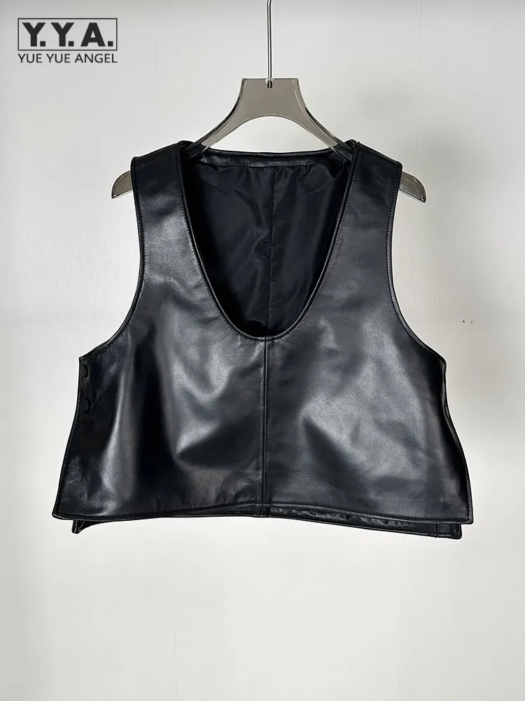 

Women Casual Streetwear V Neck Sleeveless Vest Top Pullover Soft Fashion Loose Fit Outwear Vest Sheepskin Real Leather Waistcoat