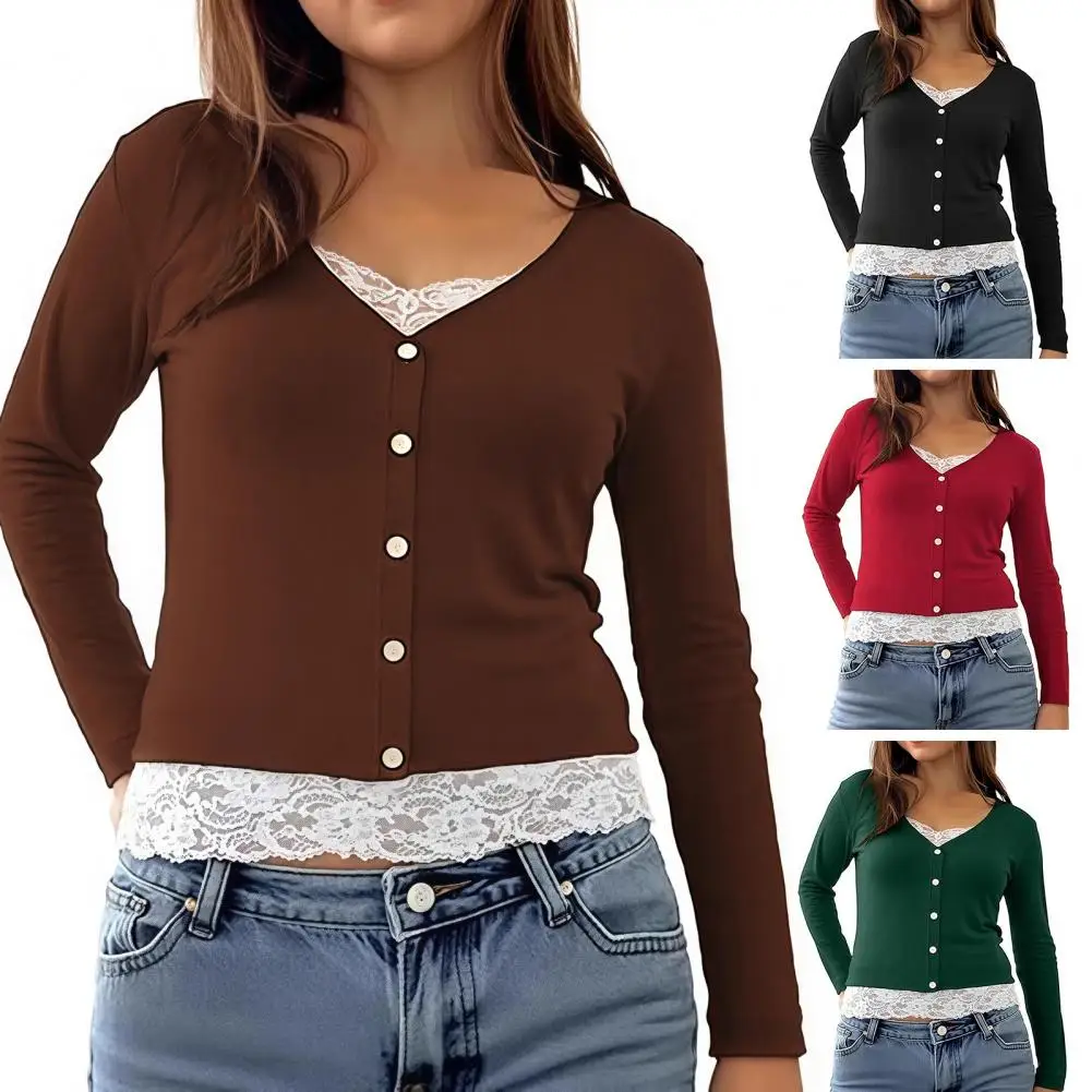 

Slim Fit V-neck Blouse Women’s V Neck Lace Blouse Long Sleeve Slim Fit Top Two-piece Splicing Shirt for Work Party Date Wear