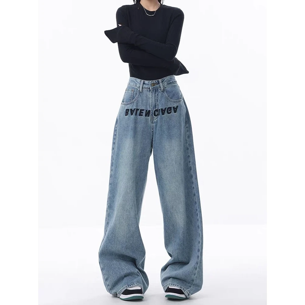 Jean ample brodé bleu à jambes larges pour femmes, pantalon de sol décontracté, taille haute, en Denim, printemps Faion