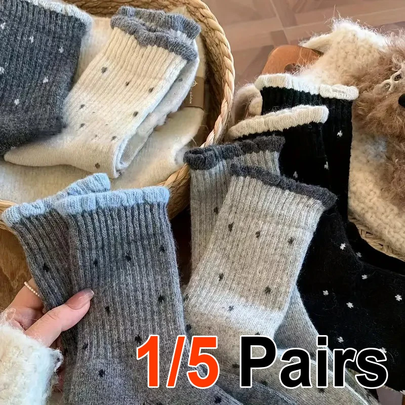 1/5 Pairs Women Polka Dot Pattern Flower Border Mid Tube Socks Fashionable Korean Style Soft Comfortable All Season Casual Socks