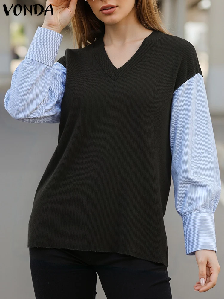 Hauts élégants VONDA femmes mode Blouse 2025 automne à manches longues tricoté couleur Patchwork Blusas col en v chemises décontractées grande taille