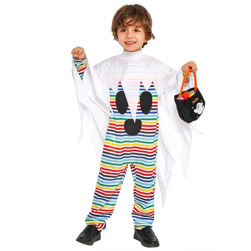 Детский костюм призрака белого Бу для мальчиков 2025 года с корзиной призрака и полосатым комбинезоном для девочек, страшный костюм призрака на Хэллоуин Fanc Cosdea