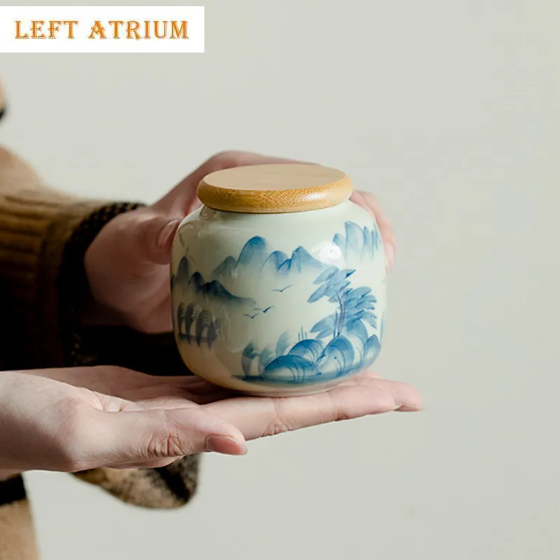

Chinese Ceramic Tea Caddy Hand-painted Landscape Pattern Tea Jar Portable Travel Tea Boxes Sealed Container Storage Tank Teaware