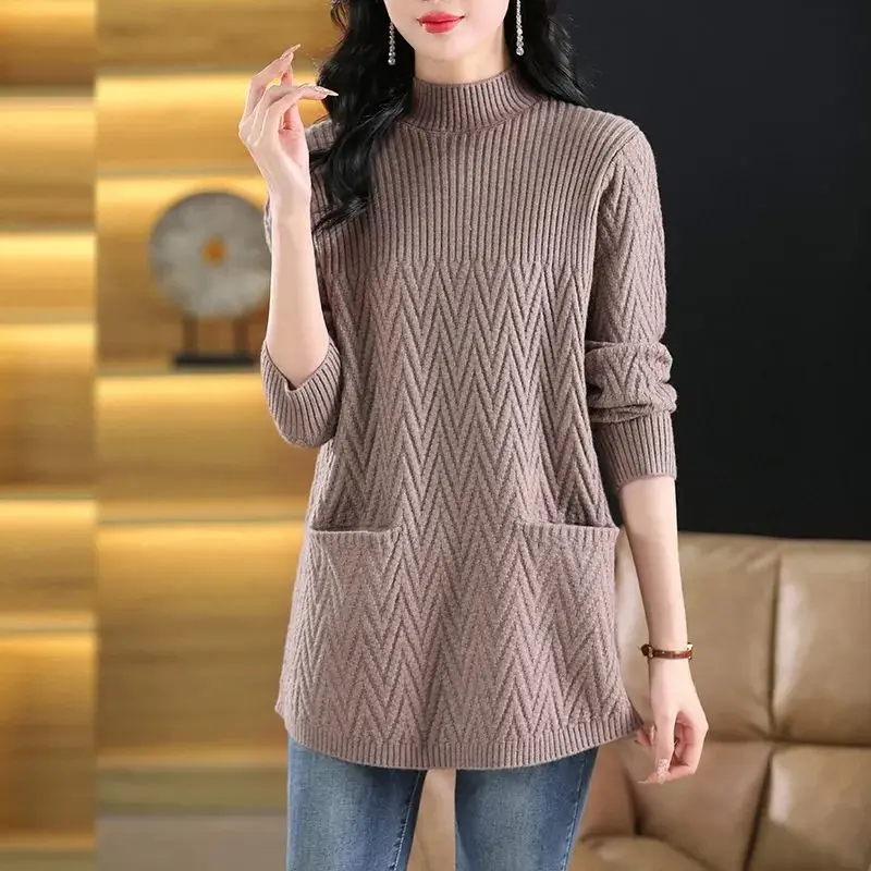 Temperament Autumn/Winter Women\'s Sweaters Pullovers Mock Neck Solid Pockets Screw Thread Fashion Long Sleeve Long Knitted Tops