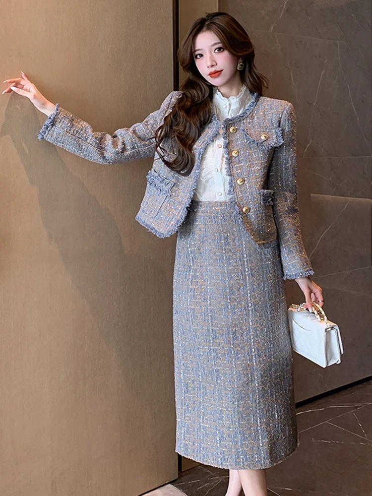 French Vintage Small Fragrance Tweed Two Piece Sets Women Outfits High Quality Fringed Jacket Coat & Long Skirt Office Suits