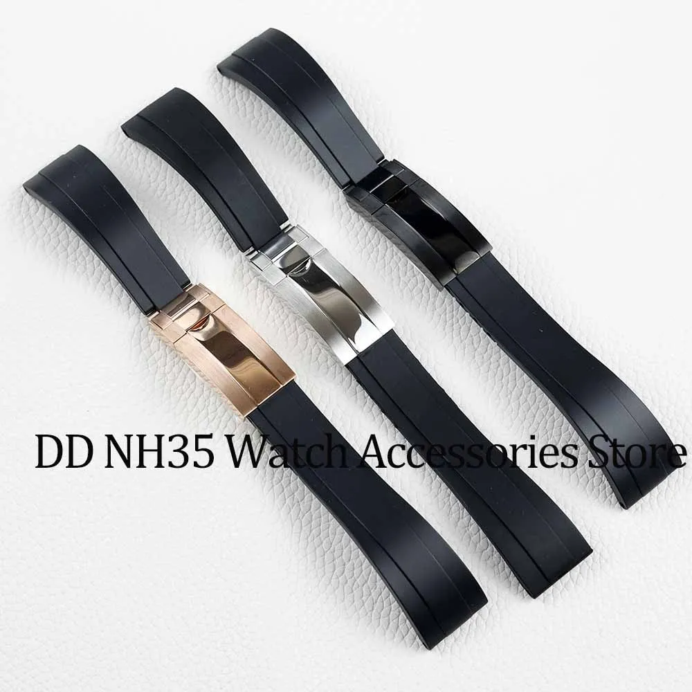 

20MM rubber watchband Silver Black Rose Gold Folding safety buckle 20mm strap width for Submariner GMT YACHT-MASTER watch case