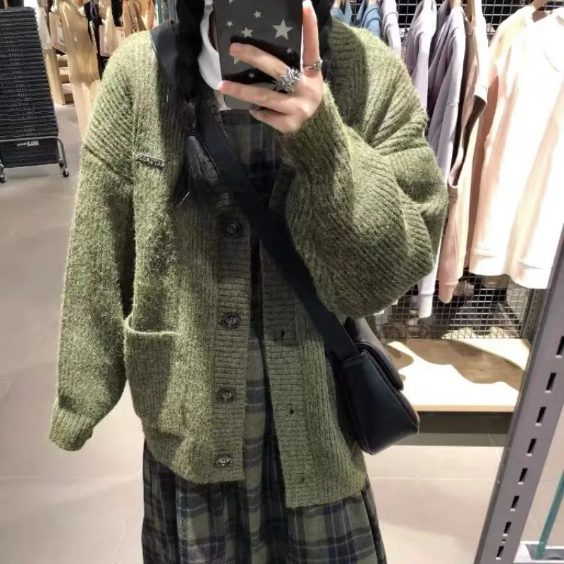 

Cardigans Women Korean Style Preppy Sweater All-match Casual Simple Baggy Lazy V-neck Single Breasted Tops Tender Autumn Chic