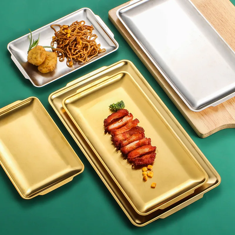 Plato decorativo de acero inoxidable, bandeja Rectangular dorada, decoración artesanal, plato para barbacoa, plato occidental para aperitivos, plato plano