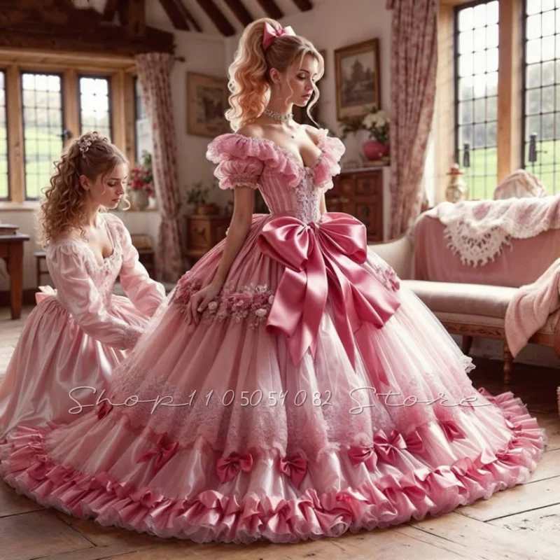 Maßgeschneiderte viktorianische mittelalterliche rosa Brautkleider mit V-Ausschnitt, Spitze, kurzen Ärmeln, Korsett, A-Linie, Schleife, mehrlagig, Vintage-Brautkleider