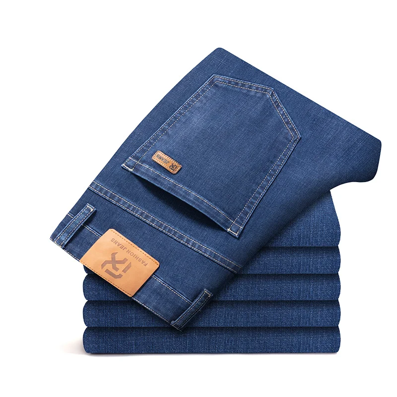 New Autumn Winter Men's Light Blue Straight Jeans Business Fashion Loose-fit Denim Stretch Pants Brand Trousers Male