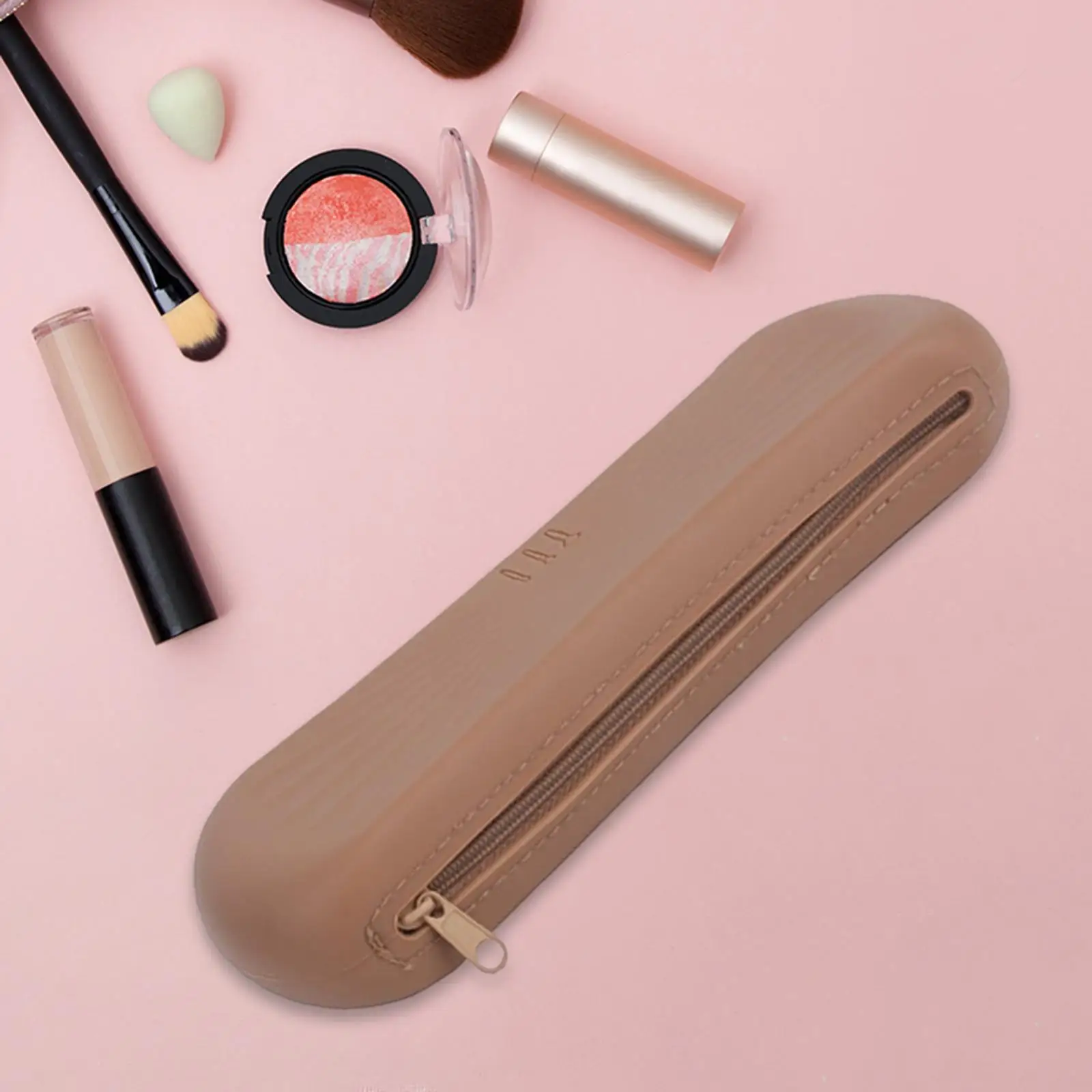 กระเป๋าใส่แปรงแต่งหน้าแบบพกพา ซิปเปิดด้านข้าง ทำจากซิลิโคน นุ่ม ใช้ซ้ำได้ ขนาดเล็ก