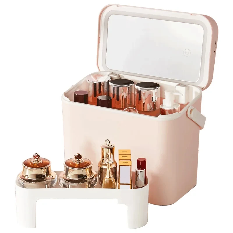Cosmetic Storage Box Makeup Organizers with LED Mirror Portable Dustproof Waterproof Drawer Skincare Desktop Storage Box