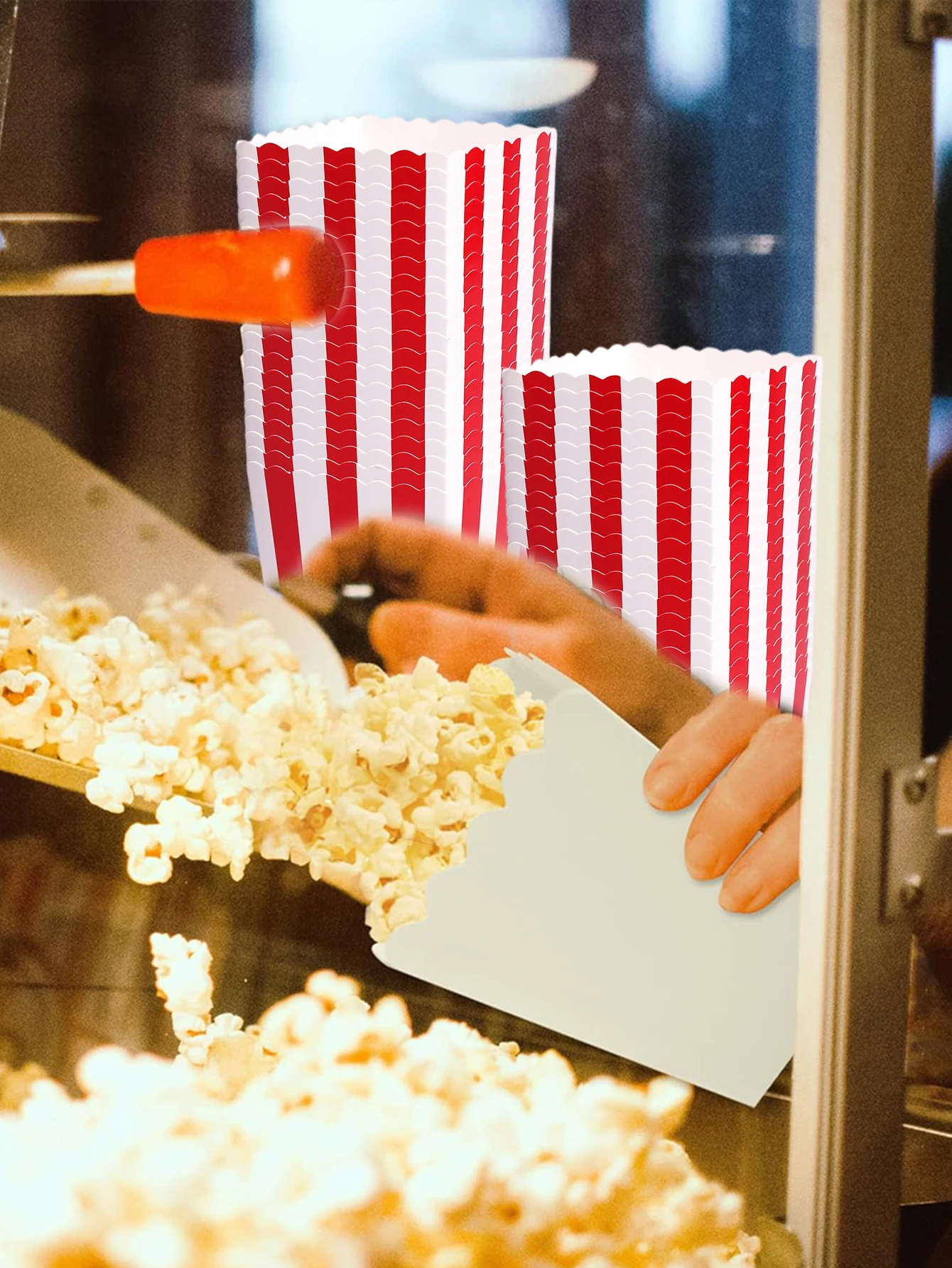 12-100PCS/Red White Striped Popcorn Boxes, Disposable Paper Popcorn Containers for Movie Night Birthday Carnival Party