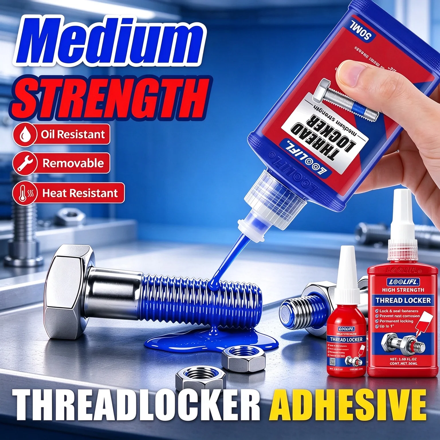 Loolifl Medium-Strength Thread Locker 50ml Blue Anaerobic Adhesive with Heat Resistance and Anti-Loosening Properties, Suitable for Metal Bolts, Thread Sealant for Preventing Loosening