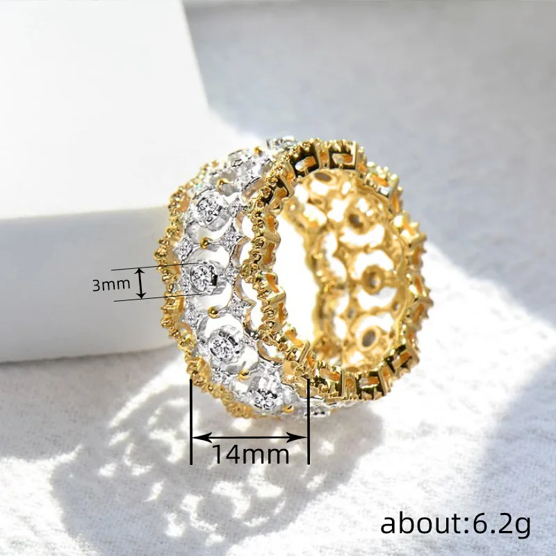 Huitan Luxury Hollow-out Wide Rings for Women Fashion Tow-tone Style Finger Accessory Exquisite Chic Engagement Wedding Jewelry