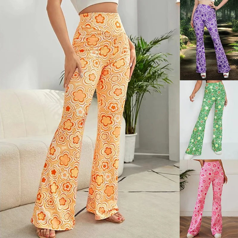 High Waist Casual Flared Pants for Women Ladies Loose Leg Trousers Long Pants Micro Flare Print Design Summer Collection