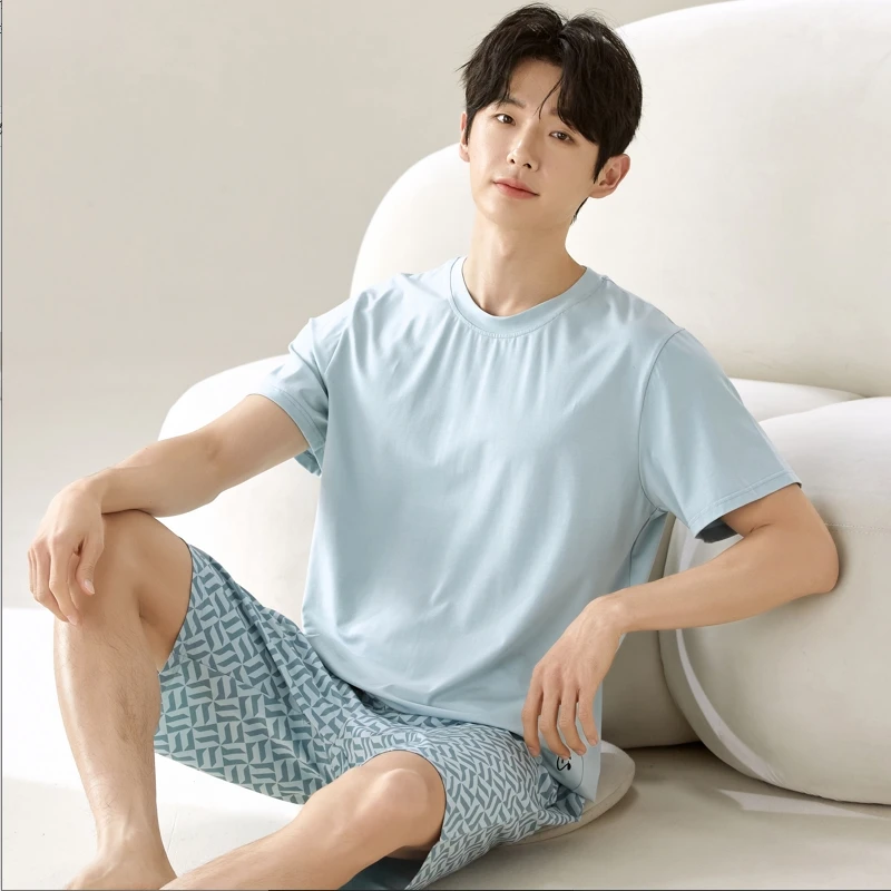 

2 Pieces Set Men's Summer Modal Pajamas Set Short Sleeves Sleeping Tops Pants Sleepwear Casual Nightwear Pijama pyjama Hombre
