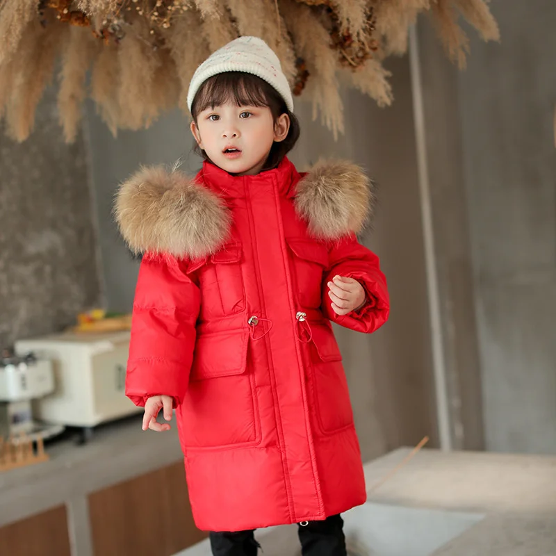 Down New Winter long thick Jacket for girl clothes Hooded parka real Fur toddler Coat Kids snowsuit Outerwear clothing overcoat