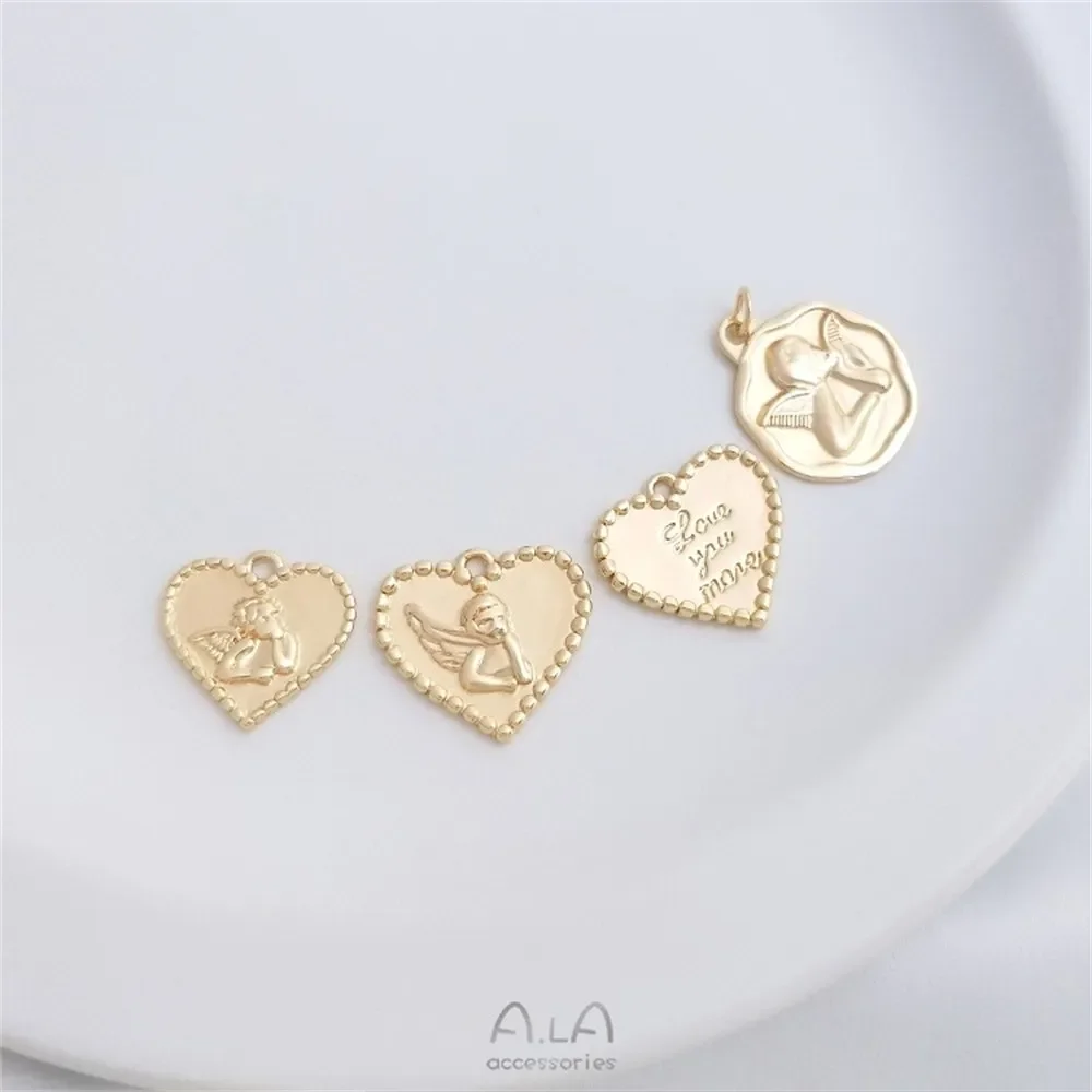 14K Gold-coated Angel Heart-shaped Pendant Love Angel Tag Diy Handmade Bracelet Necklace Jewelry Charms Pendant K387