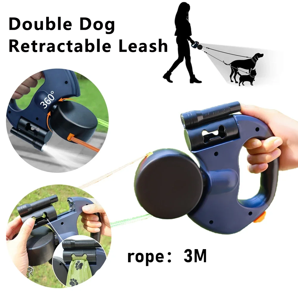 3m Double-Ended Dog Leash Auto Retractable Traction Rope 360 Degree Dual Head Walking Nylon Leashes with Flashlight Poop Bag Box