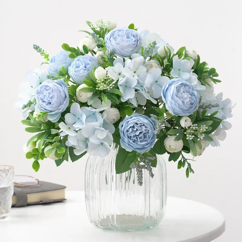 Blue Silk Bouquets Artificial Forest Hydrangea Peony Bud Wedding Bride Hand Bouquet Home Garden Desktop Flower Arrangement Decor