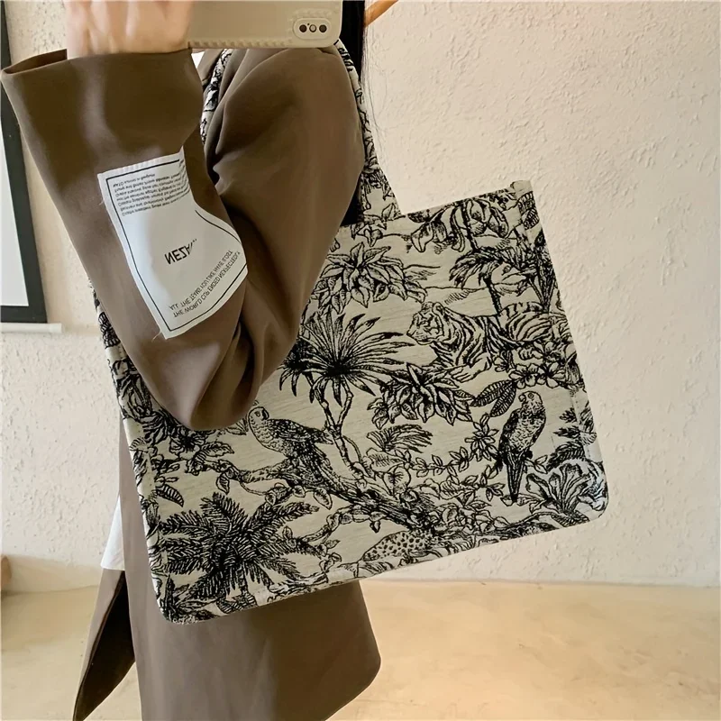 

Classic Embroidered Canvas Tote Bag, Large-capacity Shoulder Bag, Retro Style Handbag For Work & School