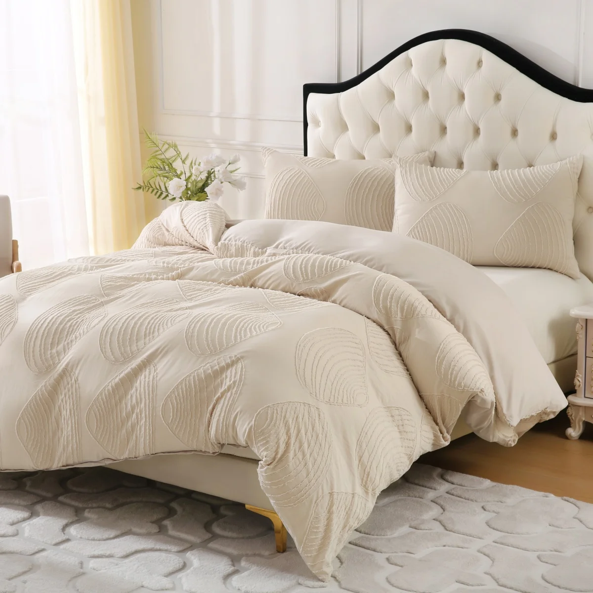 غطاء لحاف بيج توين كوين، 2/3 قطعة من قماش الجاكار الجمالي المزخرف، طقم سرير رث أنيق على طراز المزرعة