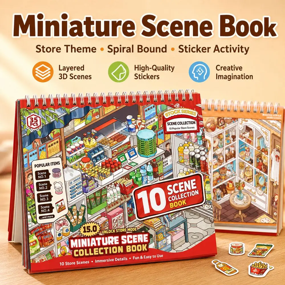 Spiral Bound Miniature Scene Book Layered Scene Store Theme Miniature Scene Sticker Colorful Illustrations 3D Scenery Stickers