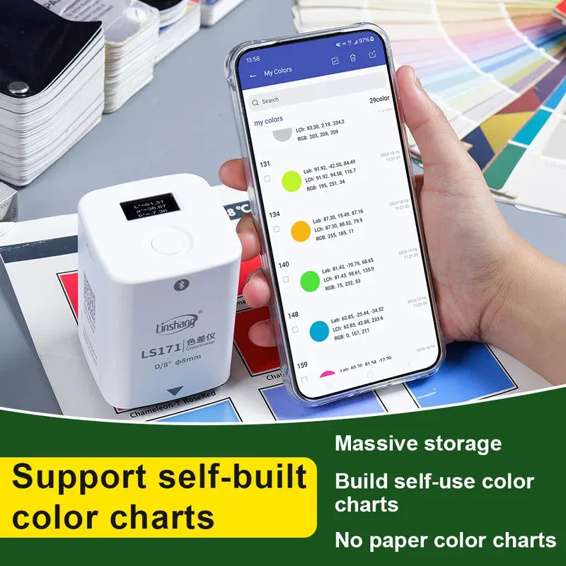 เครื่องวัดสีดิจิตอล Pantone แบบพกพา NCS RAL CMYK เครื่องวัดสีแบบแข็งแรงทนทาน D/8 สำหรับพลาสติกและสี LS171