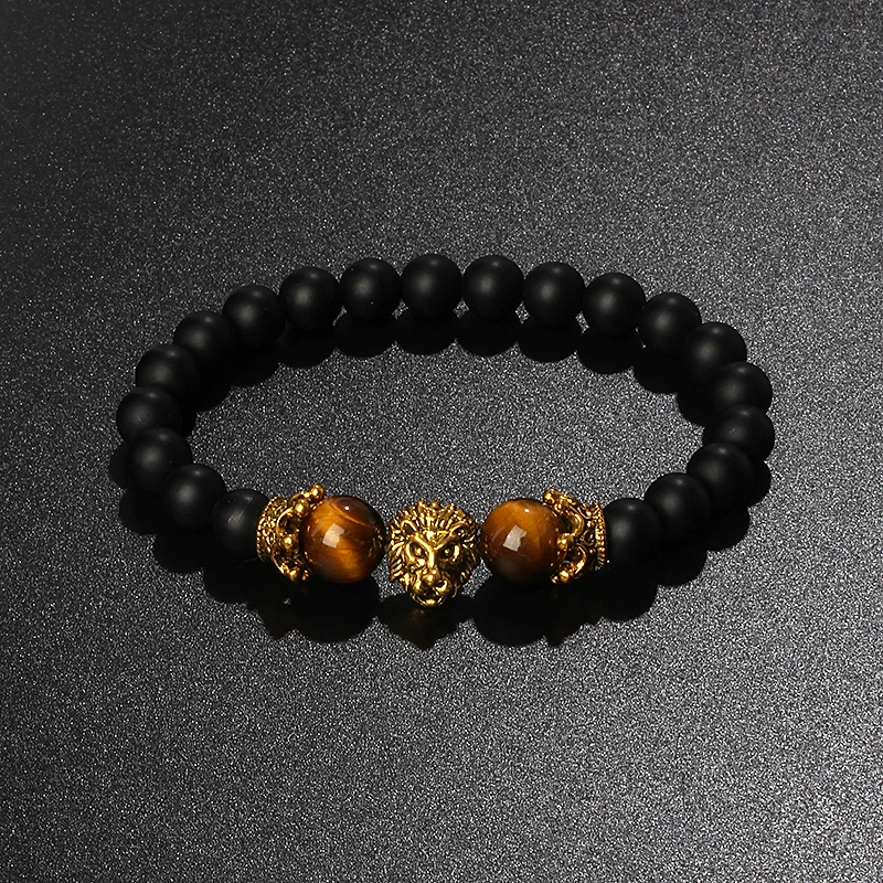 

Original Royal Tiger Eye Crown Bracelets Men Vintage Lion Head Beaded Charm Bracelets Women Fashion Nature Stone Reiki Jewelry