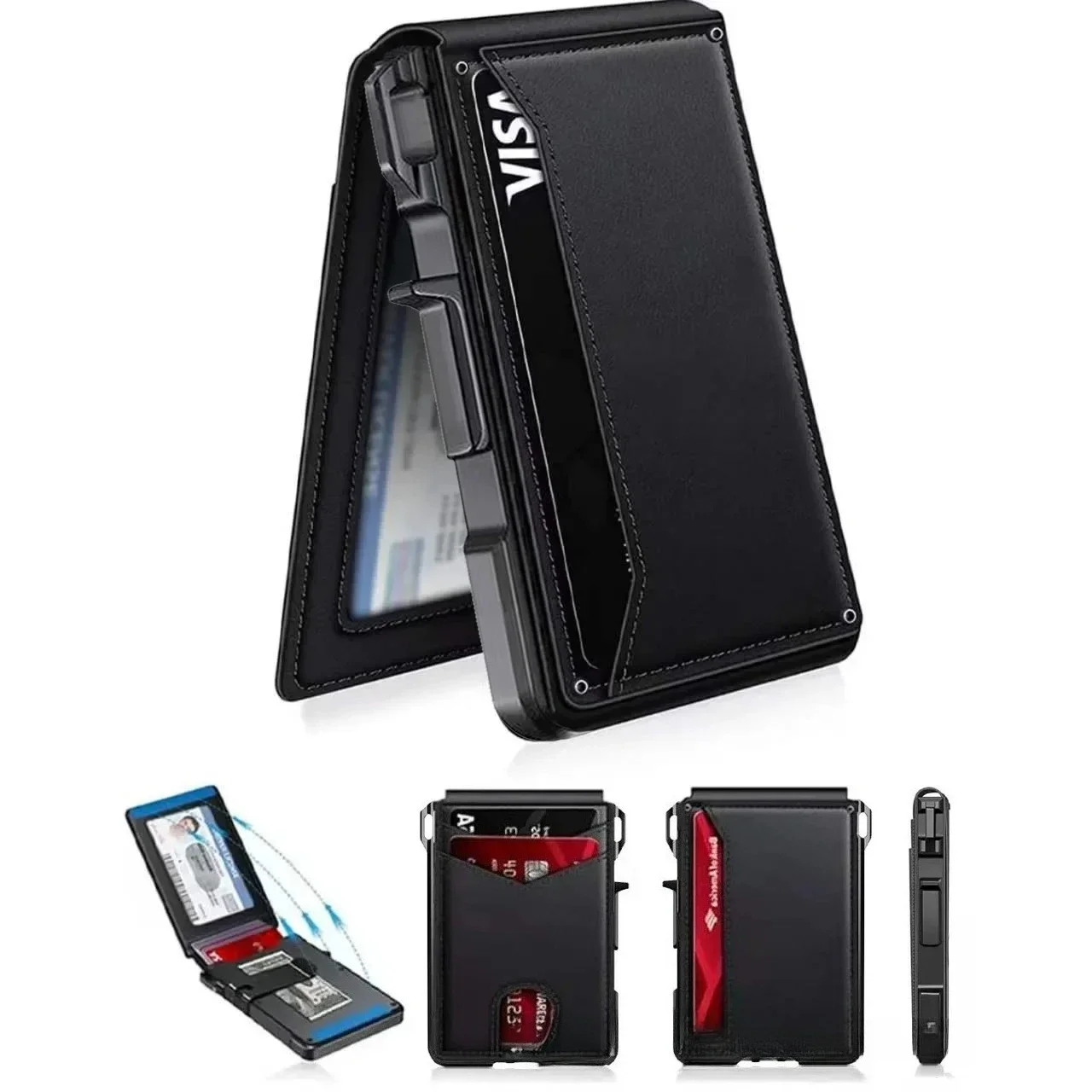 RFID Blocking Pop Up Card Holder Wallet For Men Carbon Fiber Texture PU Leather Aluminum Slim Money Clip 04