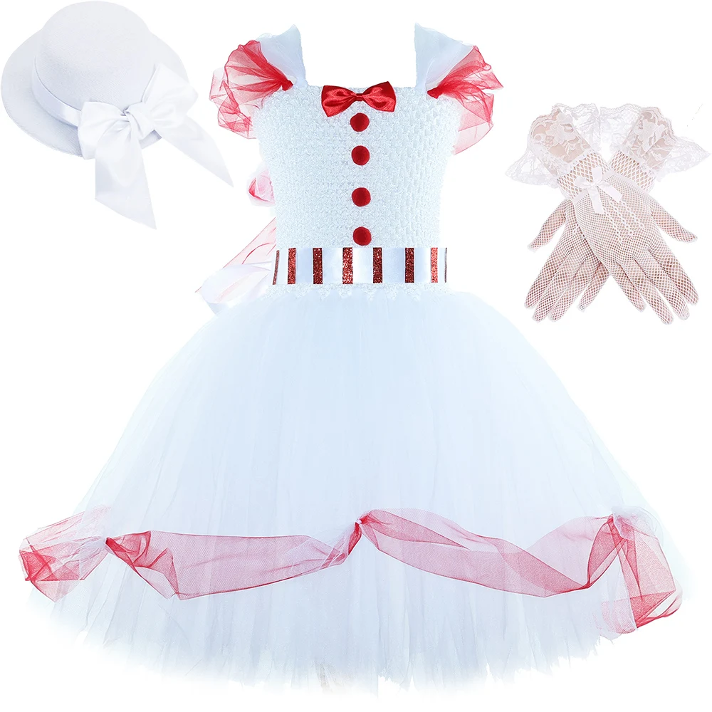 Magical Nanny Mary Poppins Costume Kids Halloween Dress Up Red White Tulle Princess Dress for Girls Christmas Party Tutu Dress