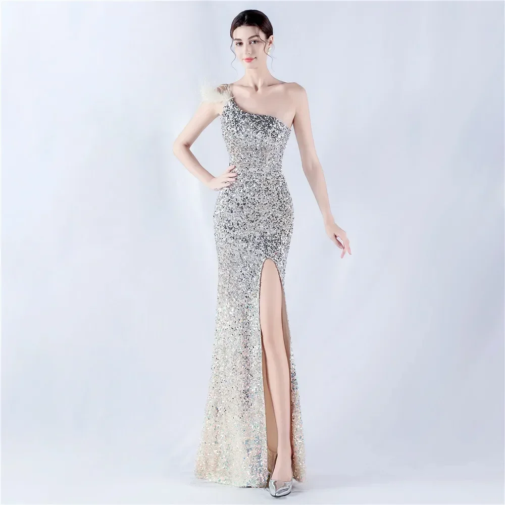 

Slim Long Dresses Gradient Velvet Bottom Sequin Embroidery Ostrich Feather Shoulder Slanted Collar High Slit Evening Dress