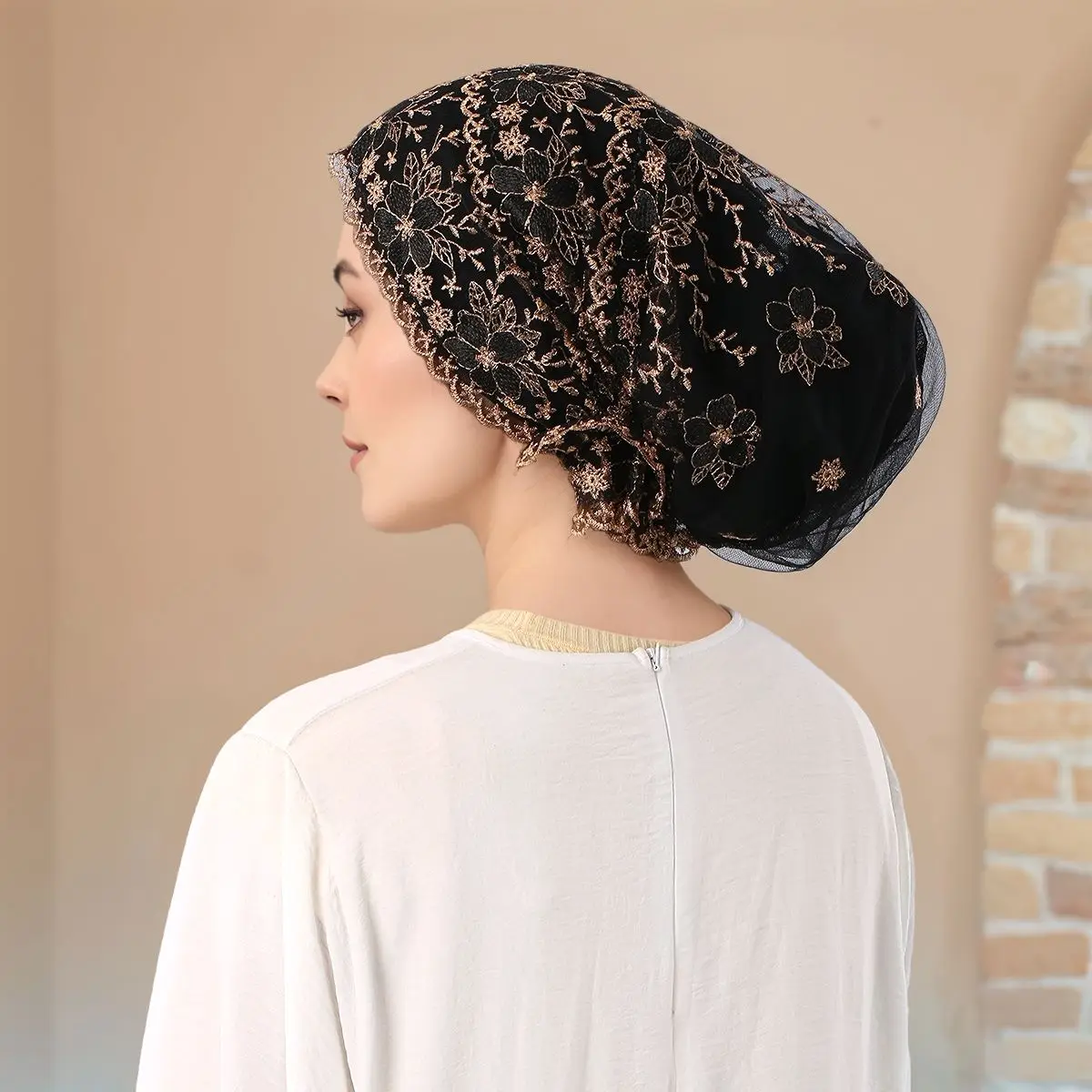 Floral Embroidery Hijab Muslim Innercap Hats Woman Lace Under Caps Breathable Yarn Turban Premium Luxury Headband Bandana