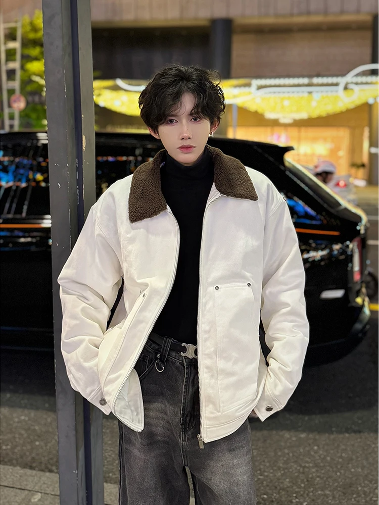 

Куртка с воротником из овечьей шерсти, утепленная, зимняя, теплая, хлопковая, рабочая, для мужчин, повседневная, свободного кроя, с длинными рукавами, на молнии